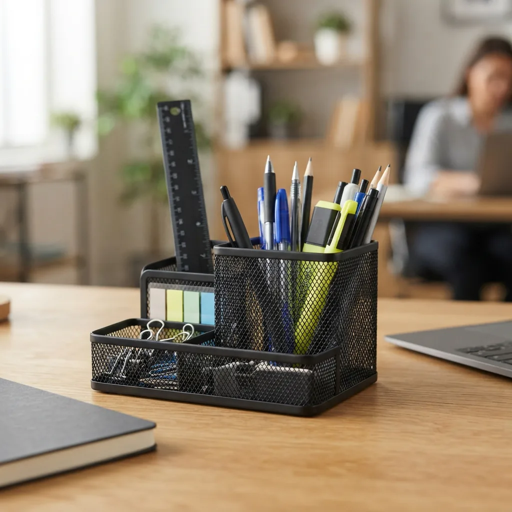 A TRU RED desk organizer holding various office supplies.