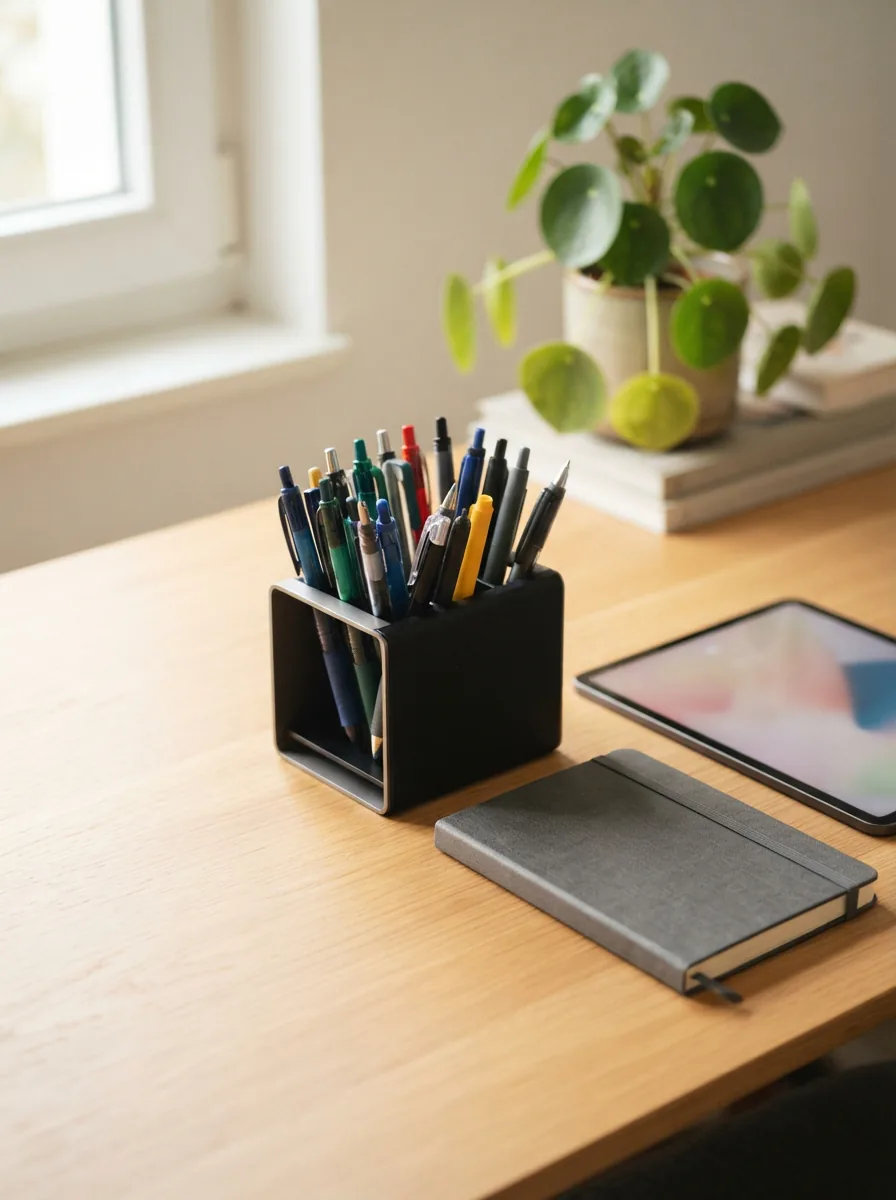 A clean, modern desk scene featuring a selection of TRU RED pens.