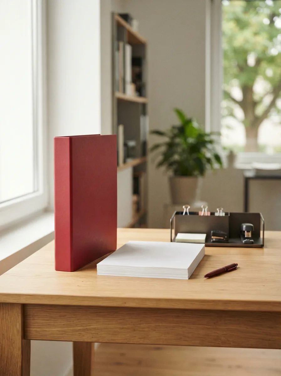 A clean, modern workspace featuring a selection of TRU RED office supplies on a desk.