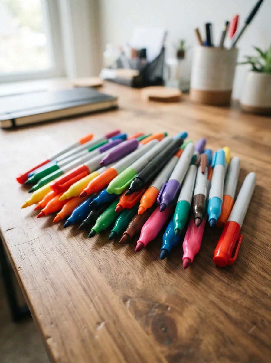 An organized collection of TRU RED permanent markers in various colors and tip styles displayed on a clean workspace