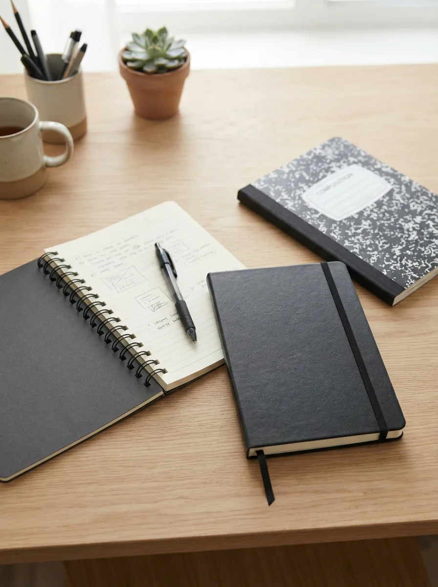 A clean desktop with a selection of TRU RED notebooks in various sizes and cover styles, arranged to show the category's range.
