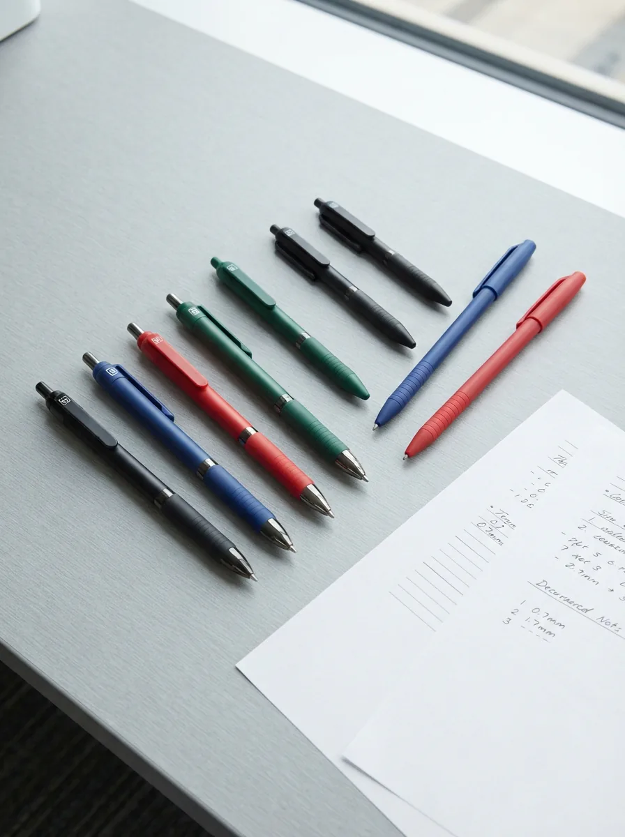 A collection of TRU RED 0.7mm pens arranged neatly on a desk, showing different styles.