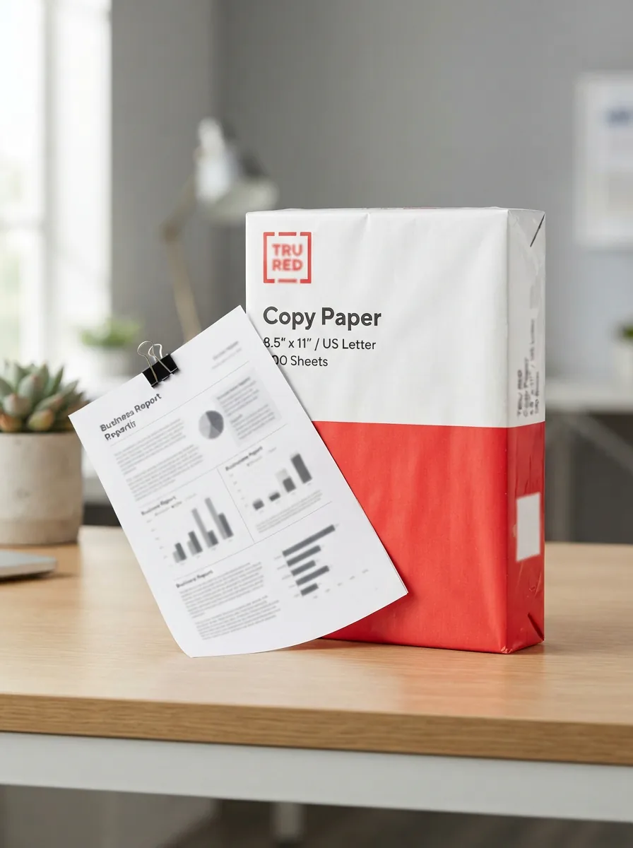 A ream of TRU RED copy paper with a printed business report resting against it on a clean desk surface.