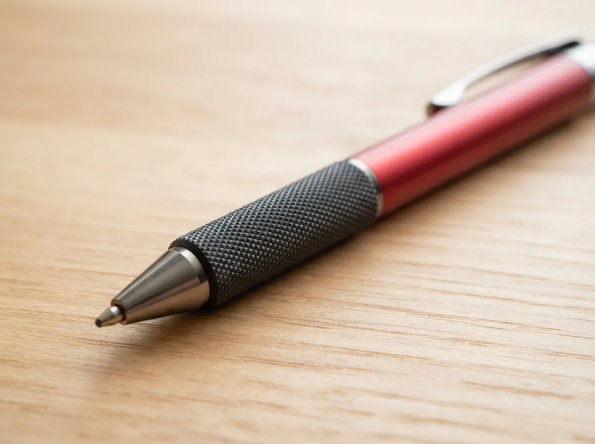A close-up of a TRU RED ballpoint gripped pen lying on a desk.