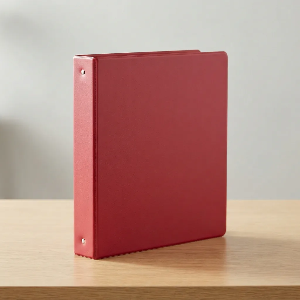 A TRU RED 1-inch three-ring binder shown closed on a desk.