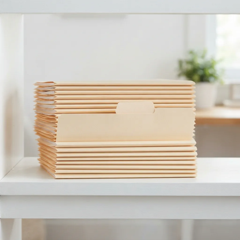 A stack of TRU RED letter-size file folders on a shelf.